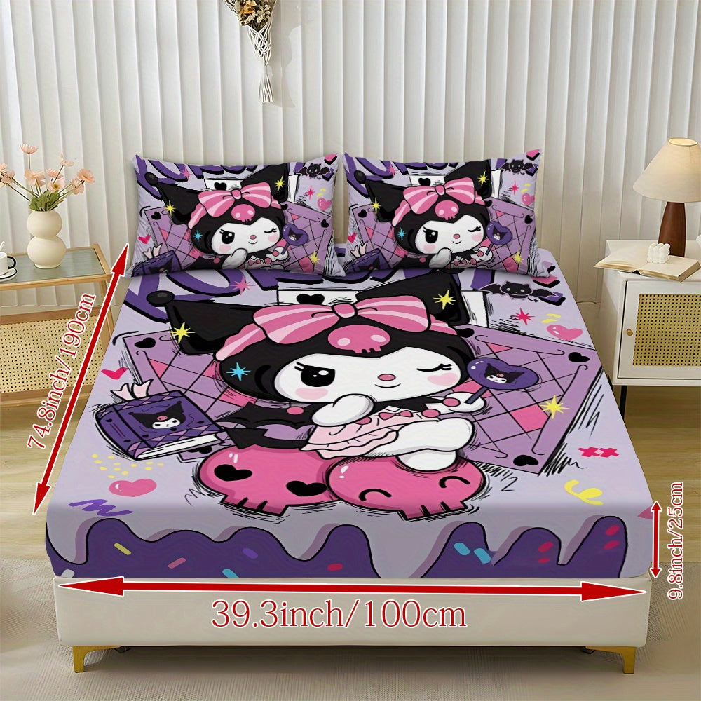 Sanrio Hello Kitty & Kuromi Bedding Set 3pcs ¨C Fitted Sheet & Pillowcases, Soft Polyester, Machine Washable, Twin Full Queen King, All-Season Bedroom Decor for Kids Girls Home Guest Room