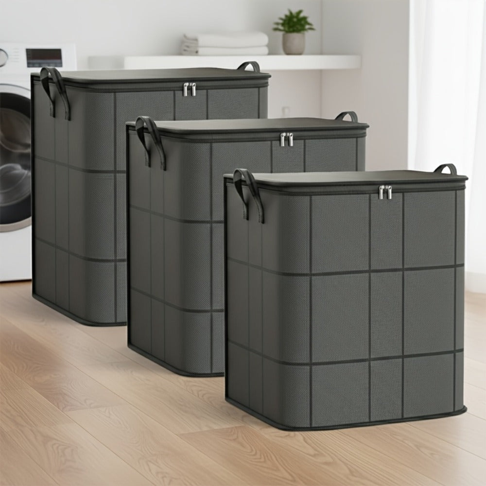 Clothing Storage Bags 3-Piece XL Set Foldable Wardrobe Organizer Boxes | Reinforced Handles & Sturdy Zippers | Large Storage Containers for Clothes Blankets Quilts Bedding | Closet Organization