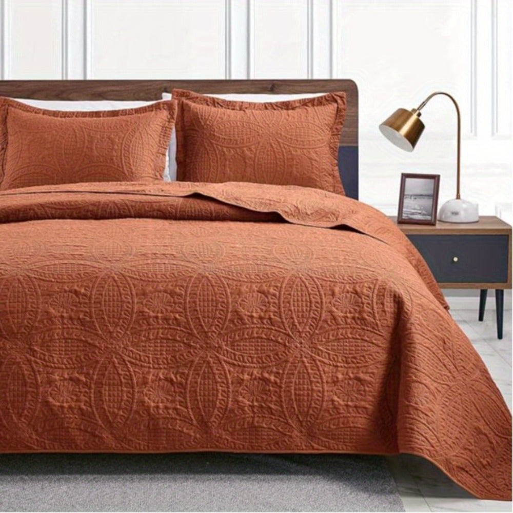 Quilt Set 3 Piece Lightweight Microfiber Bedspread with Pillow Shams - Coin Pattern Coverlet All Season Soft Bed Quilt Full Queen King Orange White Grey Green Khaki