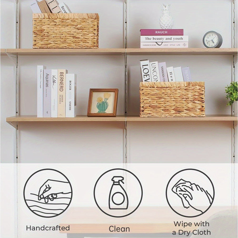 Wicker Storage Basket with Built-in Handle, Natural Rattan Boho Stackable Shelf Organizer Bin for Bathroom Bedroom Living Room Kitchen Closet Home Decor