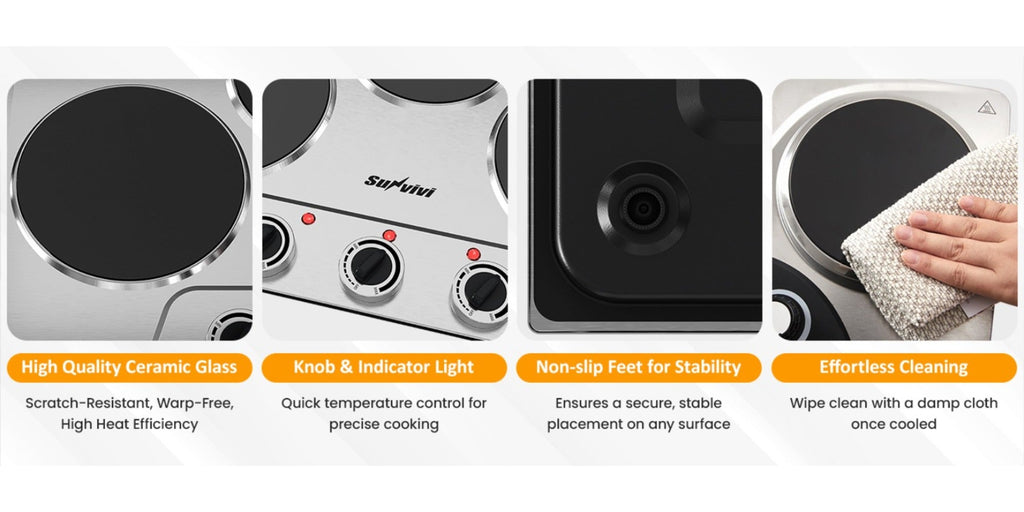 Portable Electric Cooktop Triple Burner 1800W ¨C Royalcraft Countertop Electric Stove with Knob Control, Indicator Light, Compatible with All Cookware, Silver