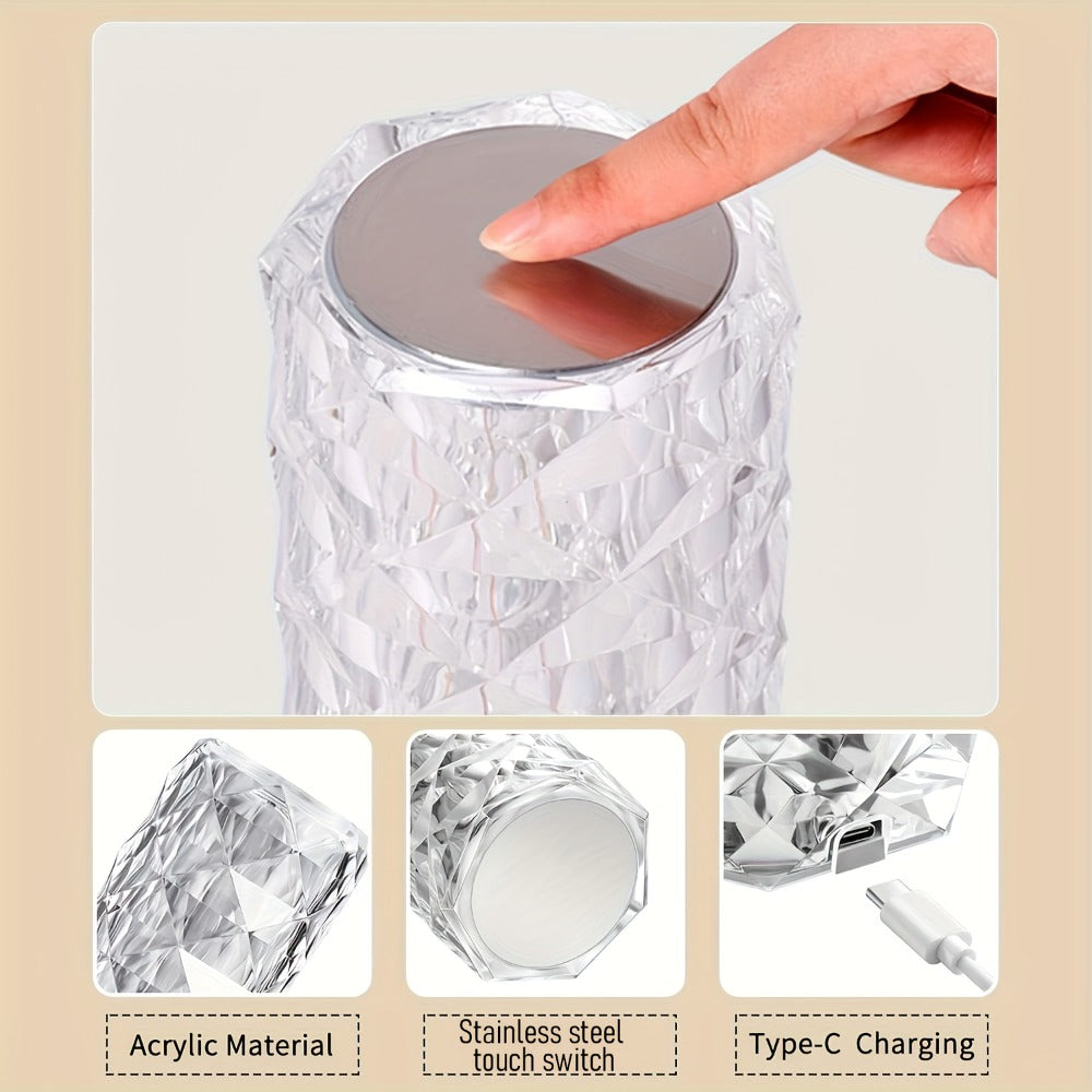 Crystal Diamond Rose Table Lamp RGB LED ¨C Remote & Touch Control Dimmable USB Rechargeable Uplight for Home, Office, Dating & Parties, Perfect Gift for Women & Couples