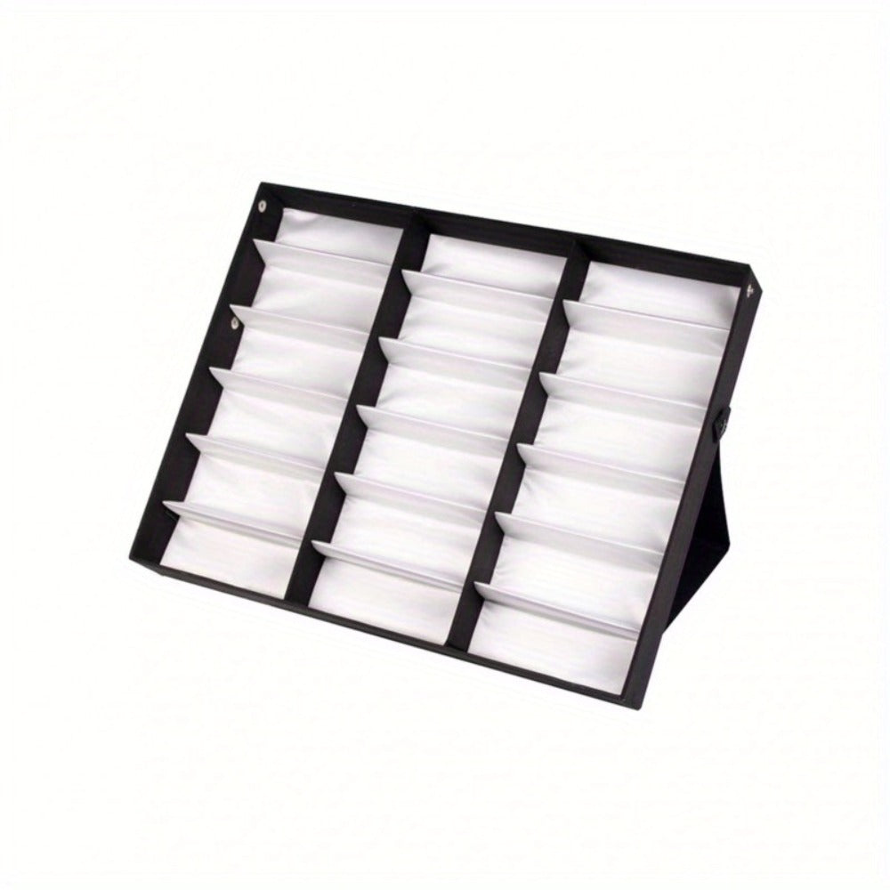 Eyeglass Organizer Box 18 Grid - Velvet Sunglasses Display Case with Foldable Cover, Scratch-Proof Storage for Glasses & Jewelry, Black or White