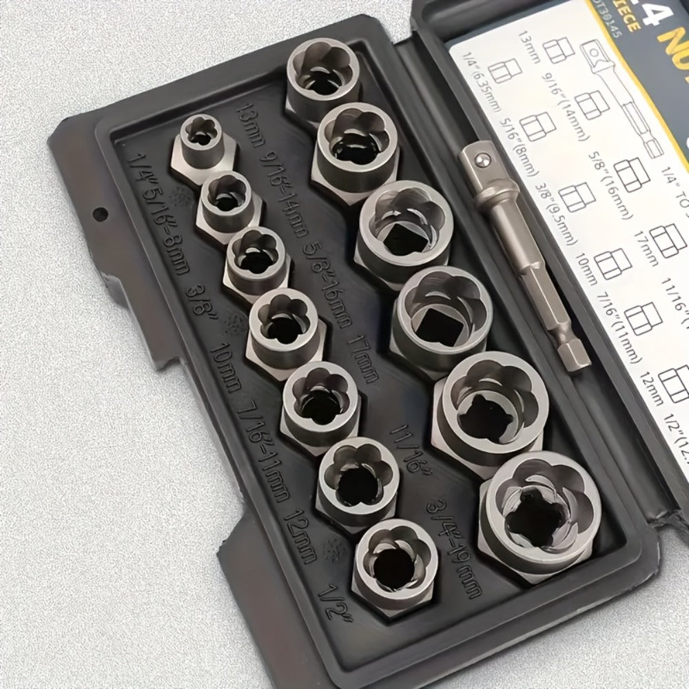Nut Extractor Kit 14pcs, Damaged Bolt & Nut Remover Set with 13 Stripped Nut Extractors & 1 Hex Socket Adapter, 1/4¡± to 3/8¡± Drive Lug Nut Removal Tool for Construction, Auto & Home Repair