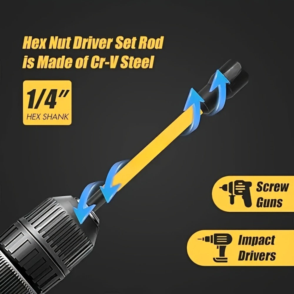 Magnetic Nut Driver Set 18-Piece ¨C Impact-Ready Extra Long Hex Shank, SAE & Metric CR-V Steel Screwdriver Bit Kit for Power Drills, Home Repair & Professional Use