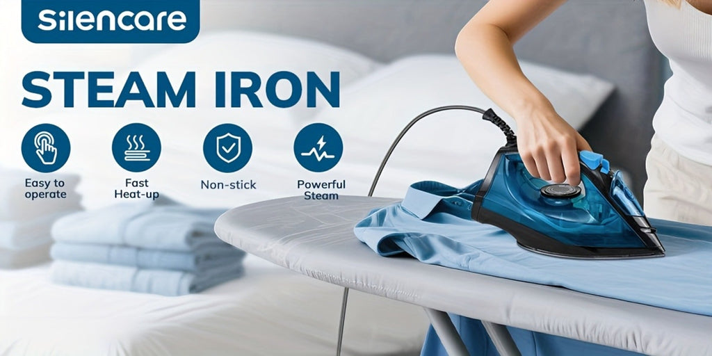 Steam Iron Non-Stick Bottom Plate High Pressure Anti-Calc Safety Protection Adjustable Temperature Steam Settings Dry Wet Clothes Fast Heating Travel Essential Blue