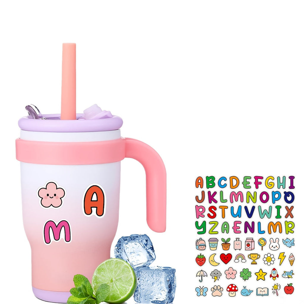 14oz Insulated Tumbler with Handle & Straw - Stainless Steel Travel Coffee Mug with Stickers, Multiple Colors