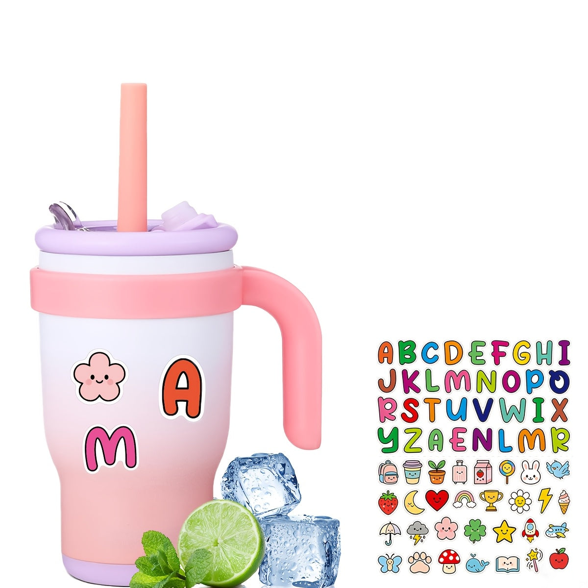 14oz Insulated Tumbler with Handle & Straw - Stainless Steel Travel Coffee Mug with Stickers, Multiple Colors