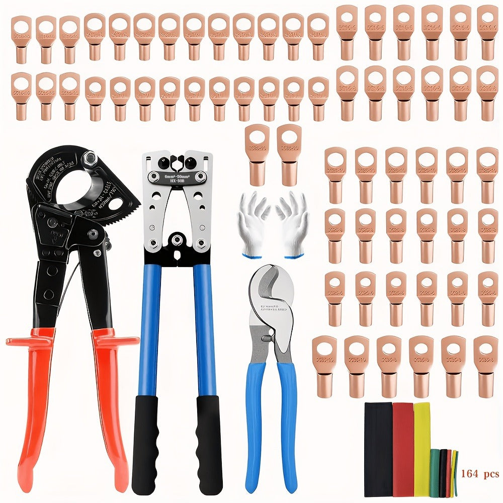 Battery Cable Lug Crimping Tool Set AWG 8-1/0 Heavy-Duty Ratchet Crimper with Copper Wire Lugs, Heat Shrink Tubing, Cable Cutter & Work Gloves for Automotive Marine Electrical Wiring