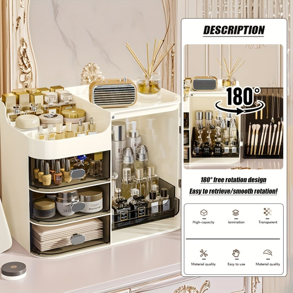 Makeup Organizer with 3 Drawers and Mirror - Large Capacity Cosmetic Storage Box Vanity Organizer for Skincare Contact Lens Display Case Bathroom Counter Organizer | Transparent Black Cream White