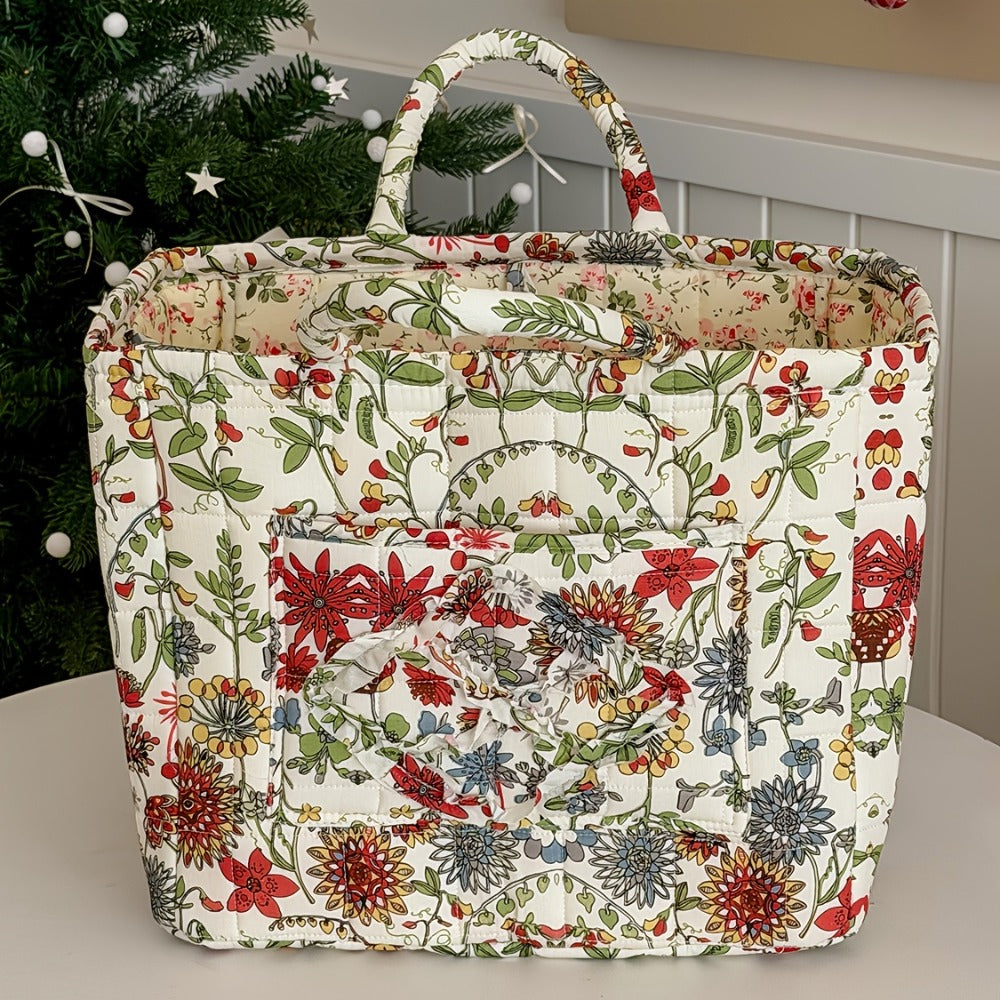 Floral Storage Basket Large Capacity Quilted Vintage Flower Pattern Portable Home Organizer Basket for Shelf Bedroom Closet Living Room Pink Peony Red Marigold Boho Decor