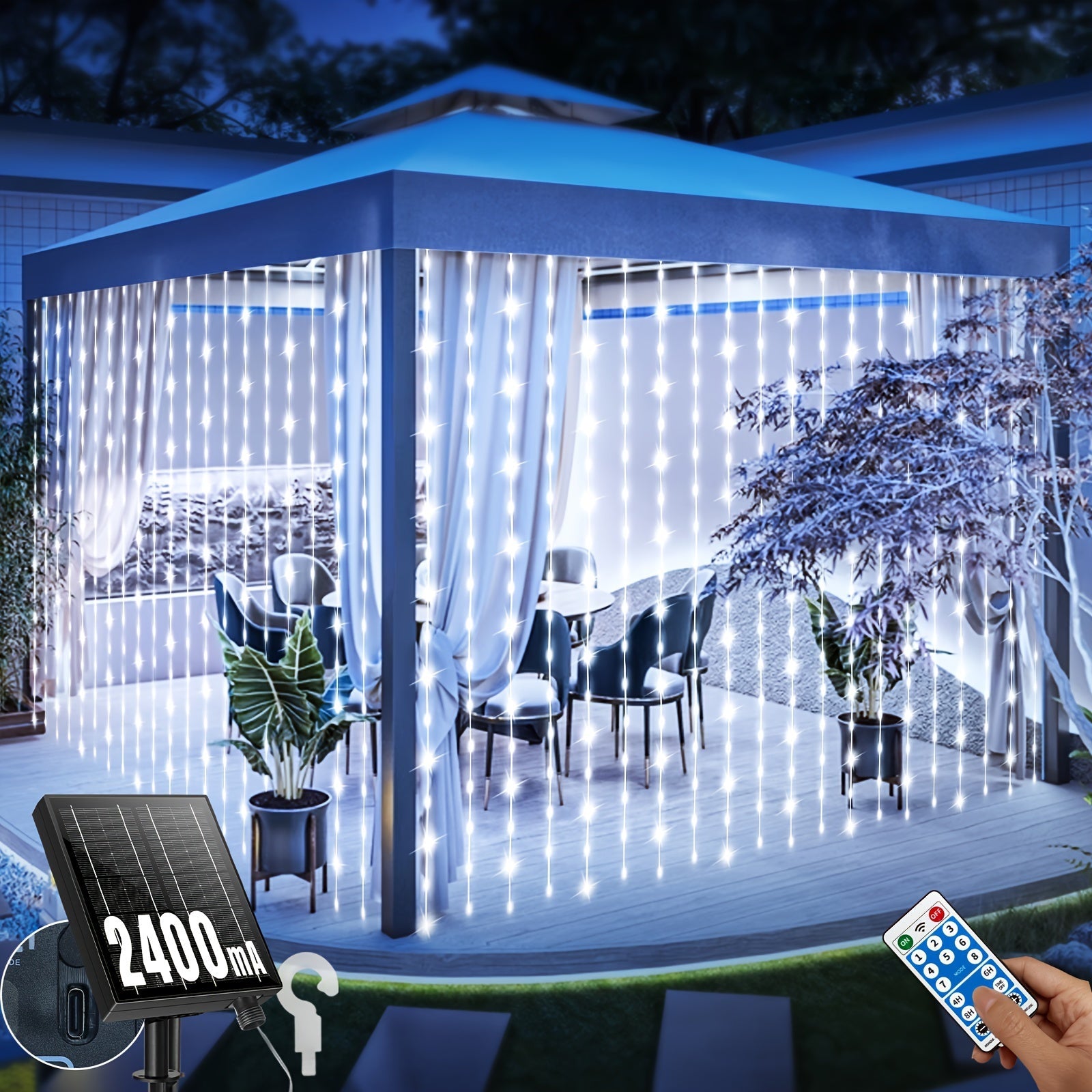 Solar String Lights Outdoor 300 LED Waterfall Fairy Lights, USB Rechargeable with Remote Control, Twinkling Warm White Color White, for Patio Gazebo Garden Backyard Tree Wedding Party Decoration