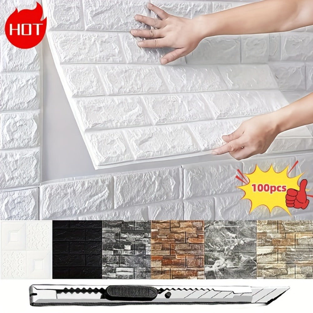 3D Foam Brick Wall Stickers 100pcs Self Adhesive Waterproof Peel and Stick Wallpaper Panels for Bedroom Living Room Bathroom Kitchen Home Decor White