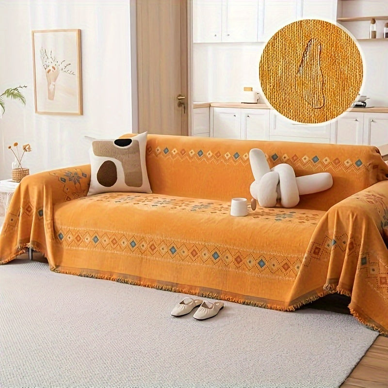 Bohemian Embroidery Chenille Sofa Cover 300GSM - Machine Washable Knit Weave Slipcover for 2 3 4 Seater Sectional Sofa No Padding, 5 Colors