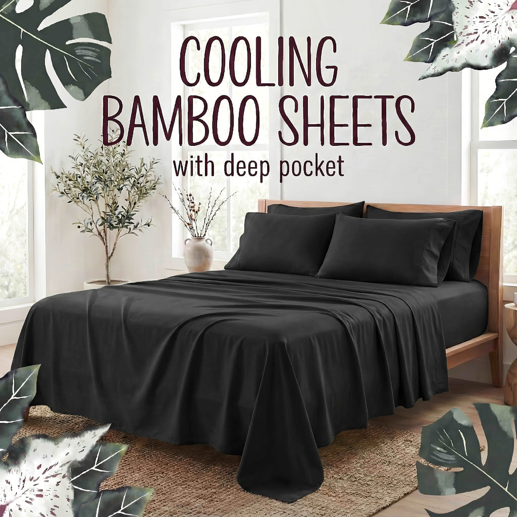 Bamboo Fiber Bed Sheet Set 4-Piece ¨C Cooling Sheets, Hypoallergenic, Deep Pocket Fitted Sheet, Wrinkle-Free Bedding for All Seasons, Twin Full Queen King