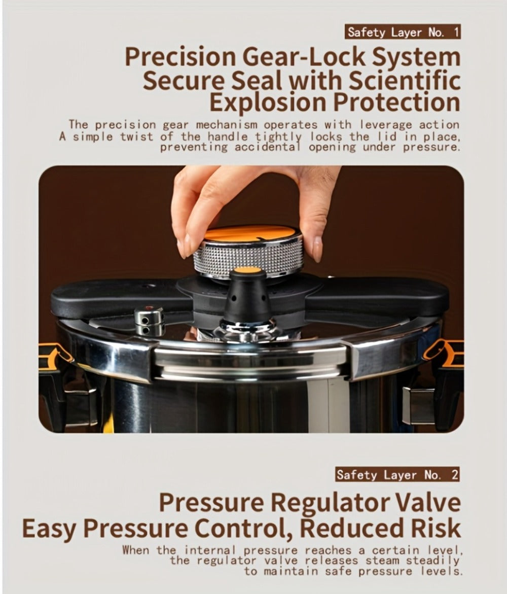 Pressure Cooker Stainless Steel with One-Twist Lock Lid ¨C Heavy-Duty Induction & Gas Compatible Stew Pot in 1.32gal, 1.59gal & 2.11gal, Dishwasher Safe Family Soup Cooker for Daily Cooking