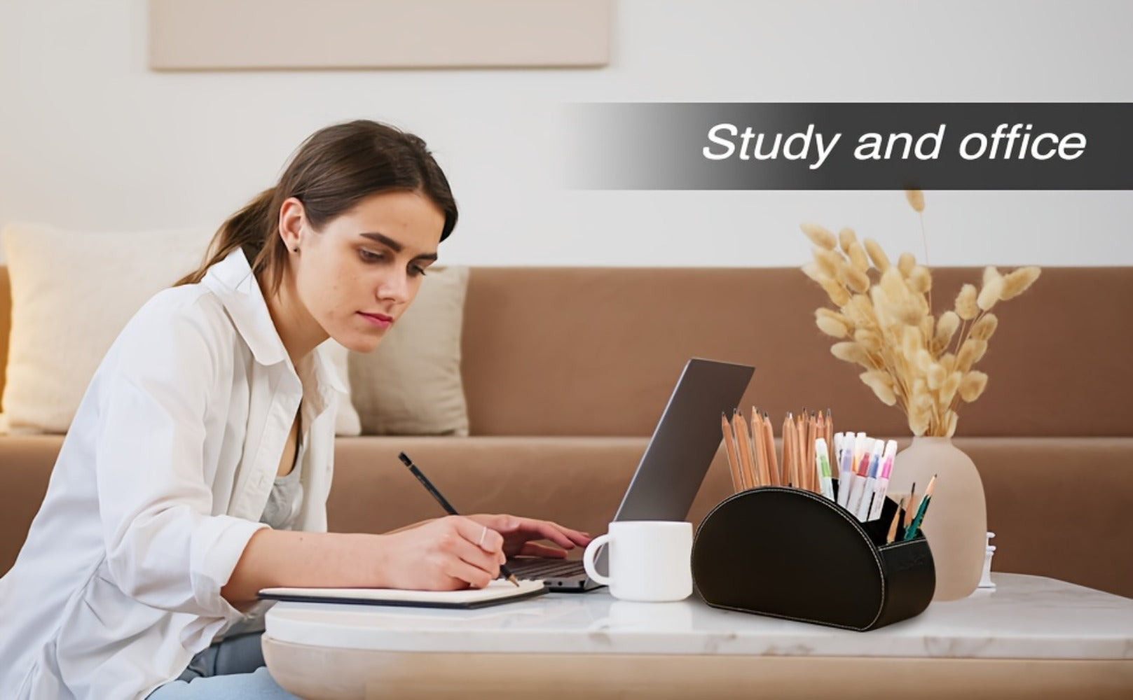 5-Compartment PU Leather Desk Organizer Remote Control Holder Storage Caddy for Office Supplies, Brushes, Pencils & Glasses