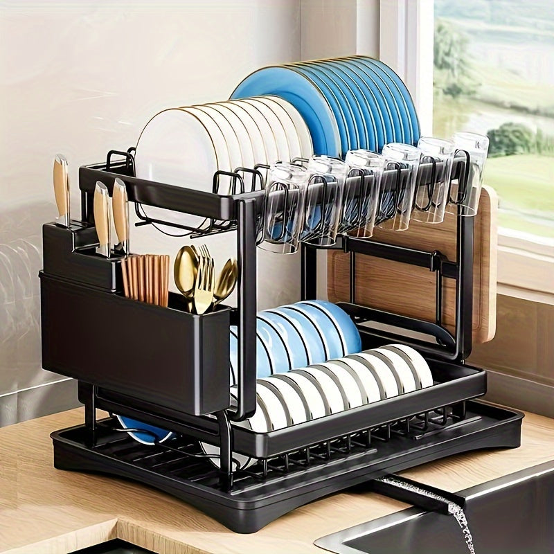 2-Tier Dish Drying Rack with Drip Tray Large Kitchen Counter Dish Drainer