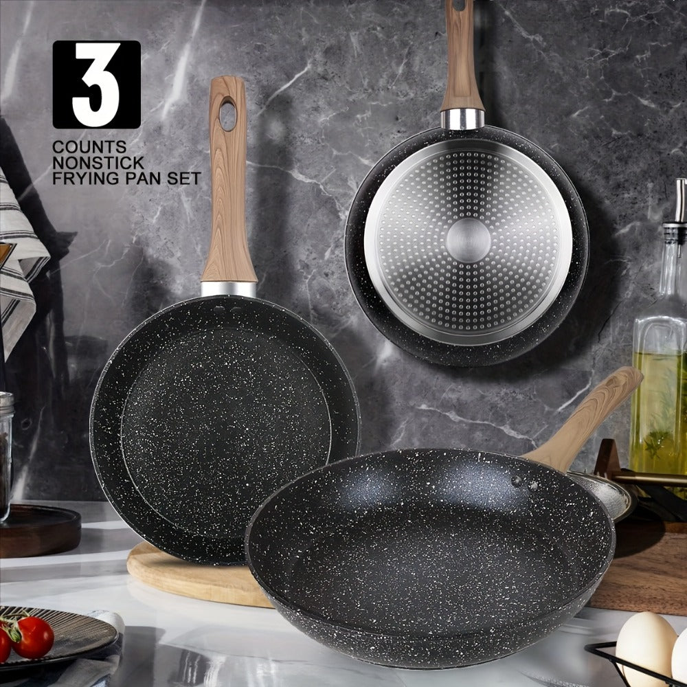 Non-Stick Frying Pan Set 3-Piece 7 9.5 11 Inch ¨C Dishwasher Safe Skillet Set with Insulated Handle | Induction Compatible Home Kitchen Pans in Beige Grey & Black | Durable Even-Heating Cookware