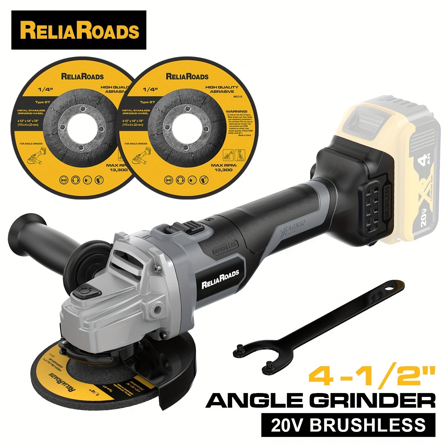 Brushless Angle Grinder for Dewalt 20V Battery - 4-1/2 Inch 9000 RPM with Grinding Wheels, Soft Start & Safety Brake for Grinding, Polishing & Carving