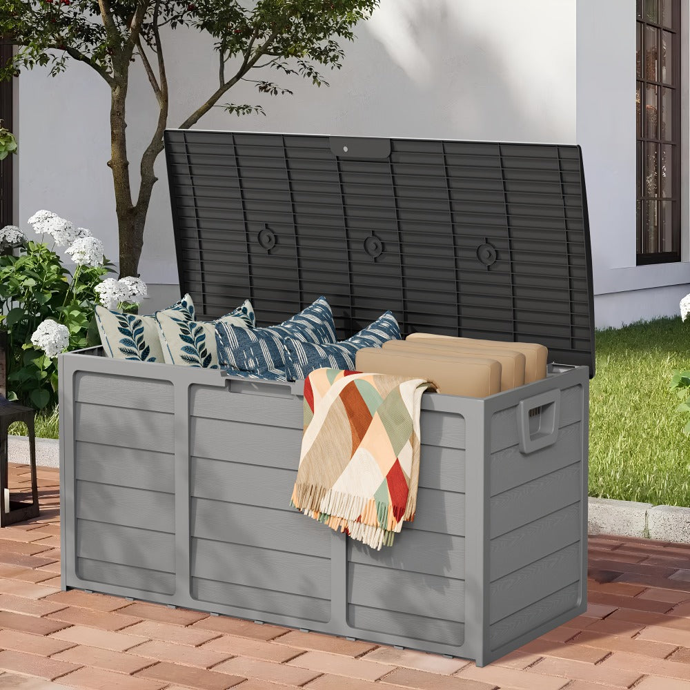 Outdoor Storage Box 75 Gallon Resin Deck Box with Handles ¨C Waterproof Lockable Container for Pool Accessories, Garden Tools, Camping Gear & Patio Storage, Easy Assembly