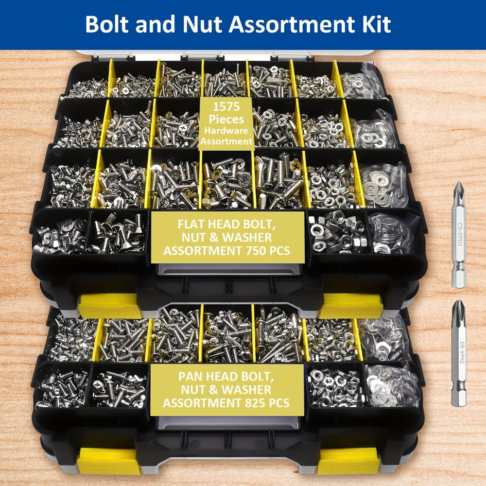 1575pcs 304 Stainless Steel Nuts and Bolts Assortment Kit ¨C Pan Head Flat Head Screws Nuts Washers with Double-Sided Storage Box for Home & Mechanical Repairs