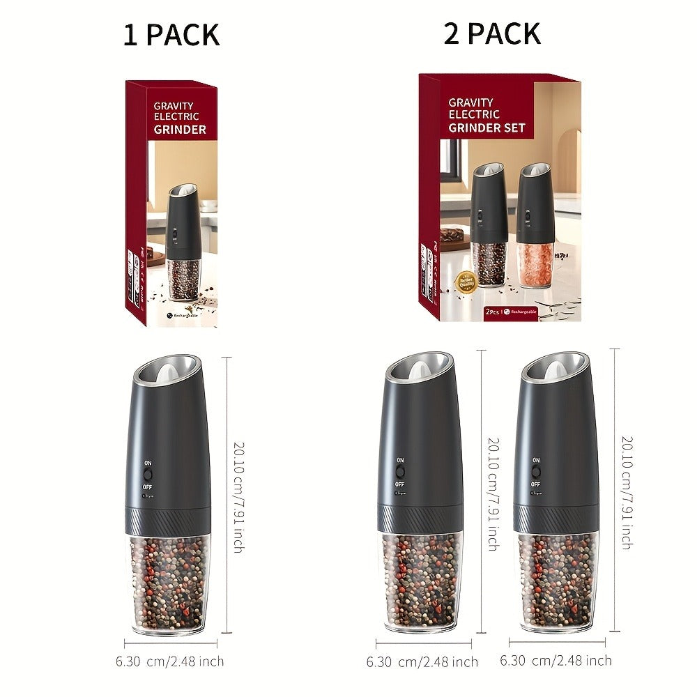 Electric Salt and Pepper Grinder Gravity Sensing USB Rechargeable with LED Light, One-Hand Operation Automatic Pepper Mill Adjustable Coarseness, Battery or Type-C Powered Kitchen Spice Grinder Set 1-2pcs