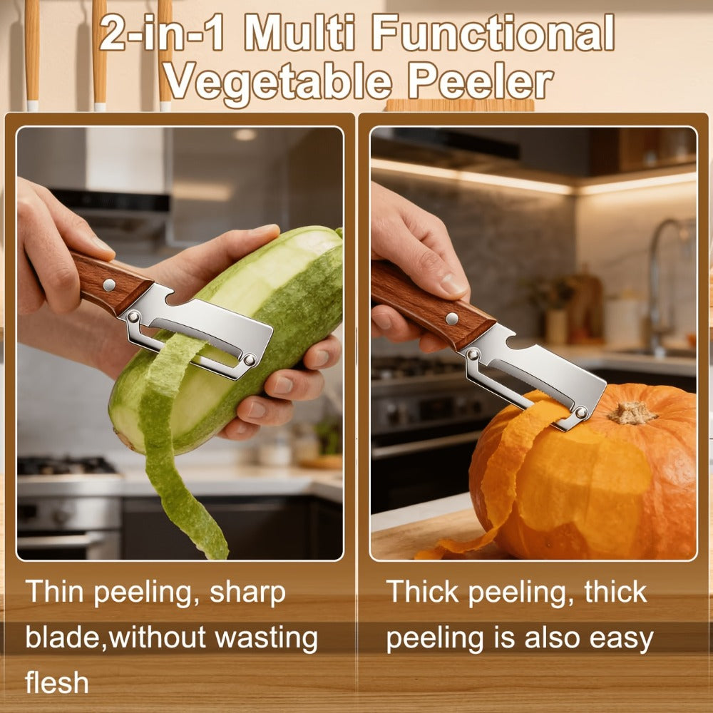 Stainless Steel Vegetable Peeler Set 2pcs ¨C Multi-functional Kitchen Peeler with Scallion Cutter, Straight Blade, Wooden Handle & Bottle Opener