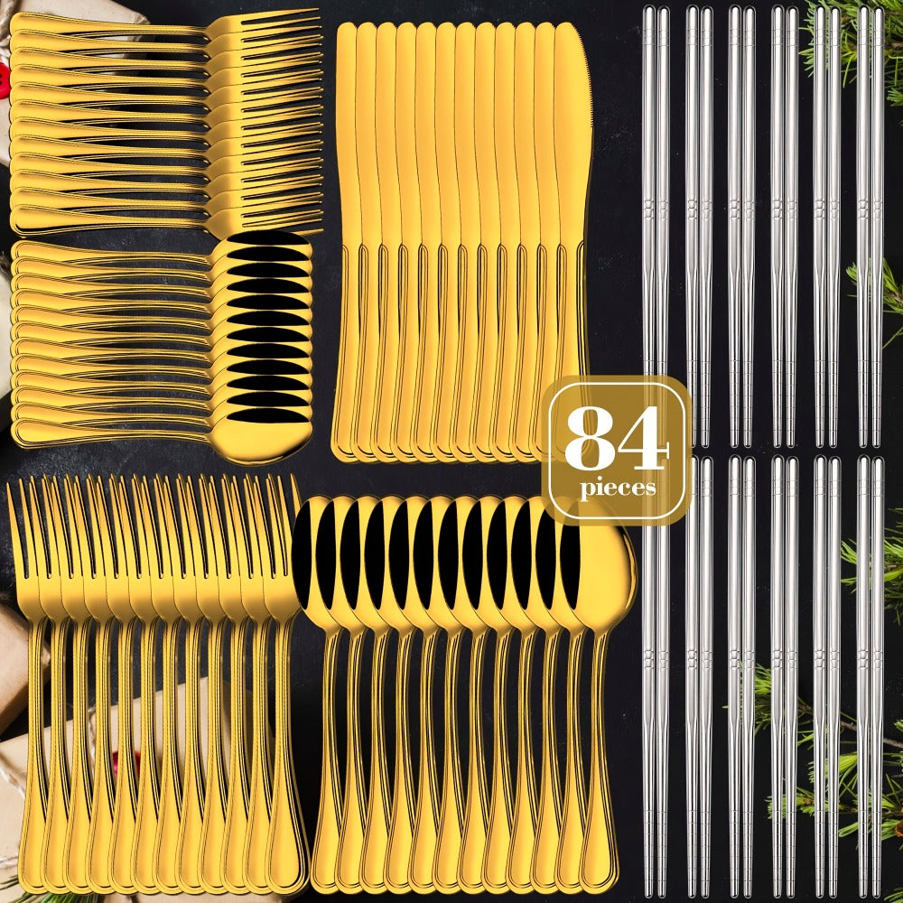 84-Piece Golden Cutlery Set Service for 12 | Knife Fork Spoon Set for Family Gatherings Camping BBQ Kitchen Utensils