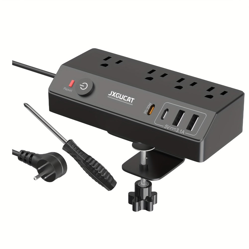 Desk Clamp Power Strip with USB-C PD 20W Fast Charging - 4 AC Outlets 4 USB Ports Surge Protector 1050J 8.8Ft Flat Plug Extension Cord Removable Clamp Fits 1.8 Inch Tabletop Edge Home Office Gaming