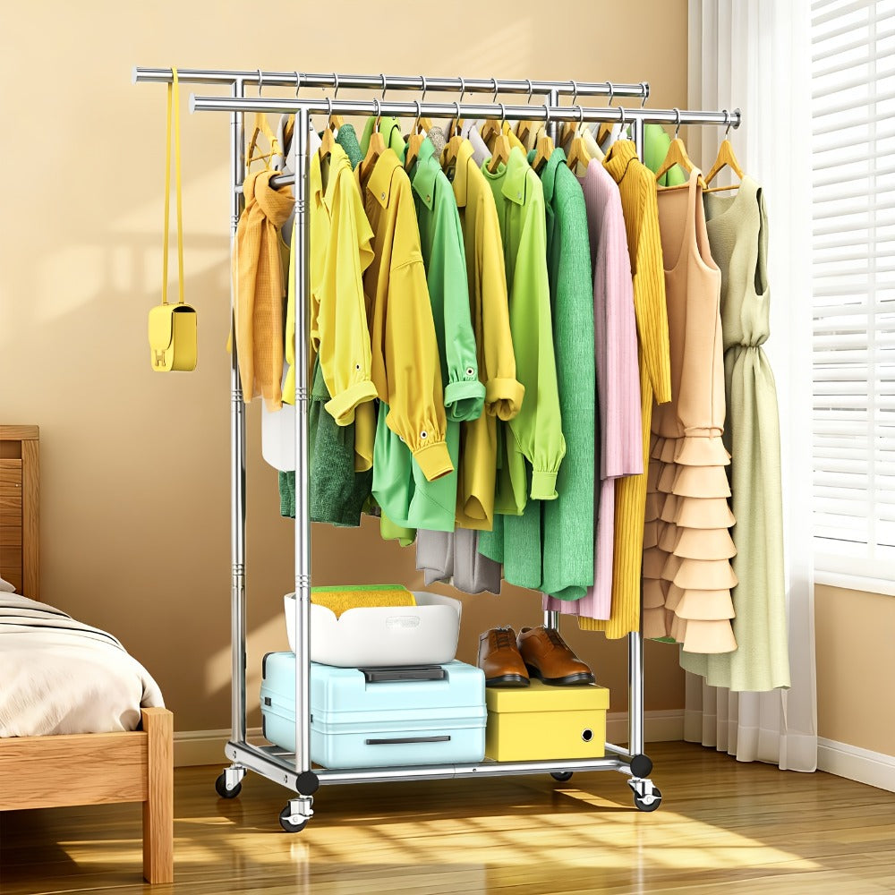 Portable Clothes Rack with Wheels ¨C Heavy Duty Double Rod Garment Rack with Shelves & Hooks | Metal Rolling Clothing Rack for Hanging Clothes | Multi-Functional Closet Rack for Bedroom & Laundry Room