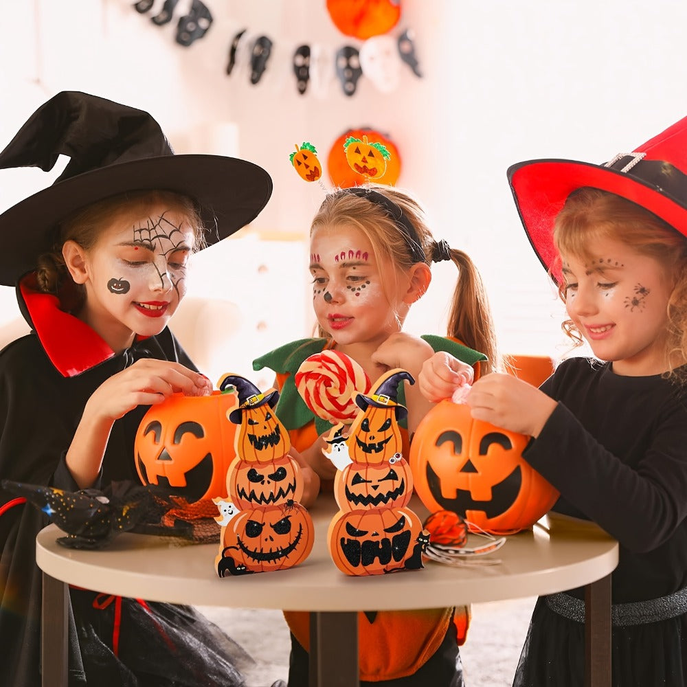 Halloween Tiered Tray Decor Set of 2 ¨C Glittery Wooden Pumpkin Stack with Witch Hat, Spooky Centerpiece for Autumn & Fall Home Decoration, Halloween Tabletop Ornament & Seasonal Tiered Tray Accessory
