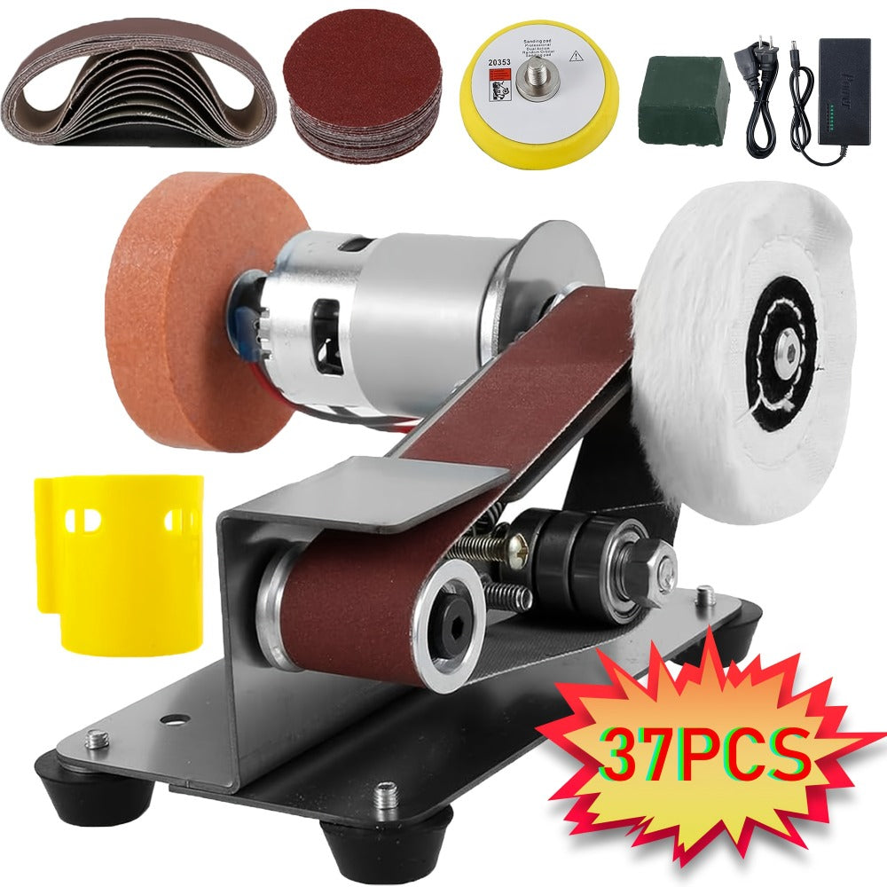 Mini Belt Sander 3-in-1 Electric Desktop Knife Sharpener 15 Degree 7 Speed Adjustable Polishing Machine for DIY Metal Wood Handicrafts Cutting Tools with Sanding Belts