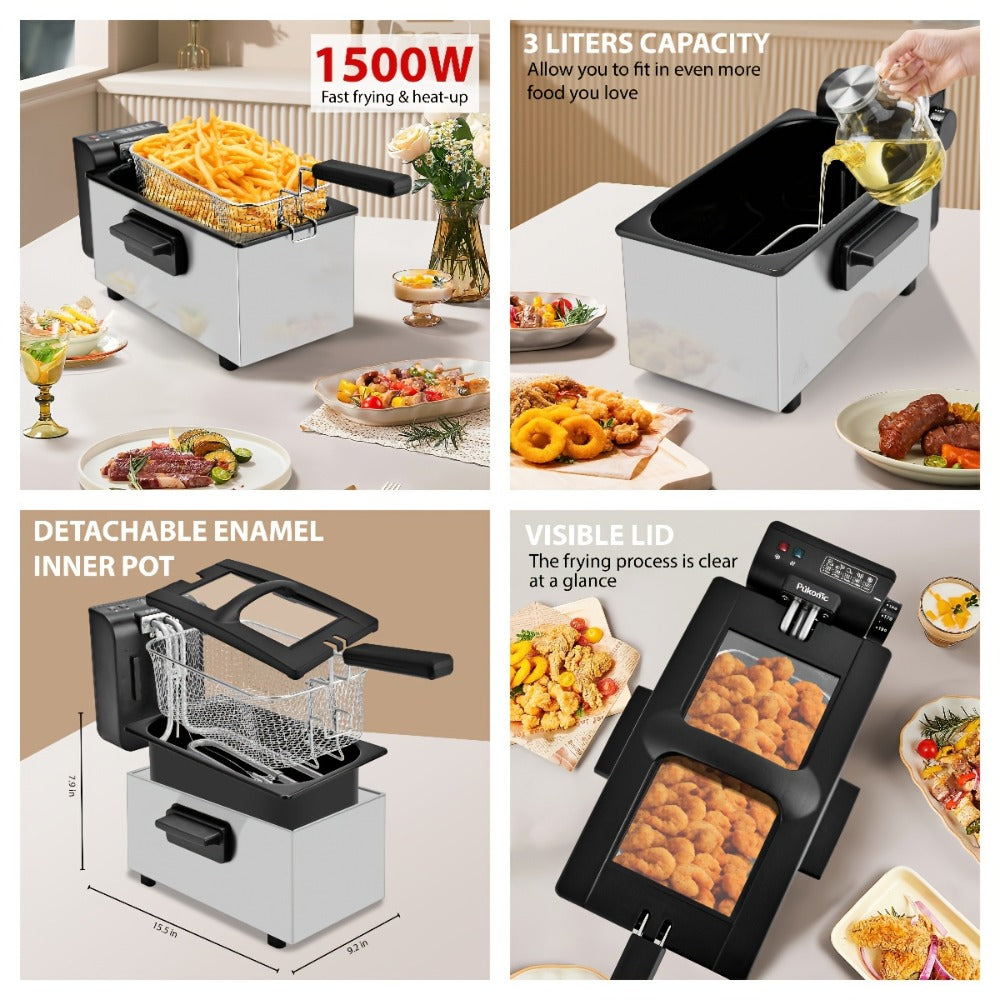 Deep Fryer Stainless Steel Large Capacity with Adjustable Temperature Control - 304 Stainless Steel Oil Fryer with Viewing Lid Cool-Touch Handles Easy Clean Basket, 5 Size Options 1.5L to 6L for Home Kitchen