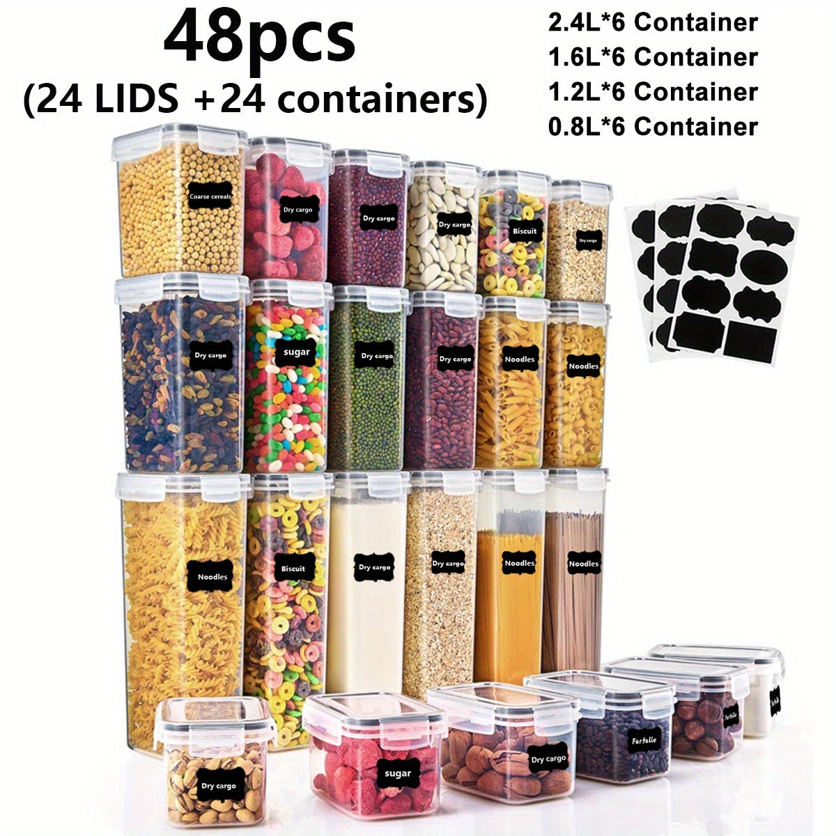 Food Storage Containers with Flip Top Lids - Airtight Plastic Jar Set for Pantry Kitchen Organization, Includes Reusable Labels and Marker, Dishwasher Safe, Available in 6, 12, 14, 20, 48 and 84 Piece Sets for Home Travel and Outdoor Use