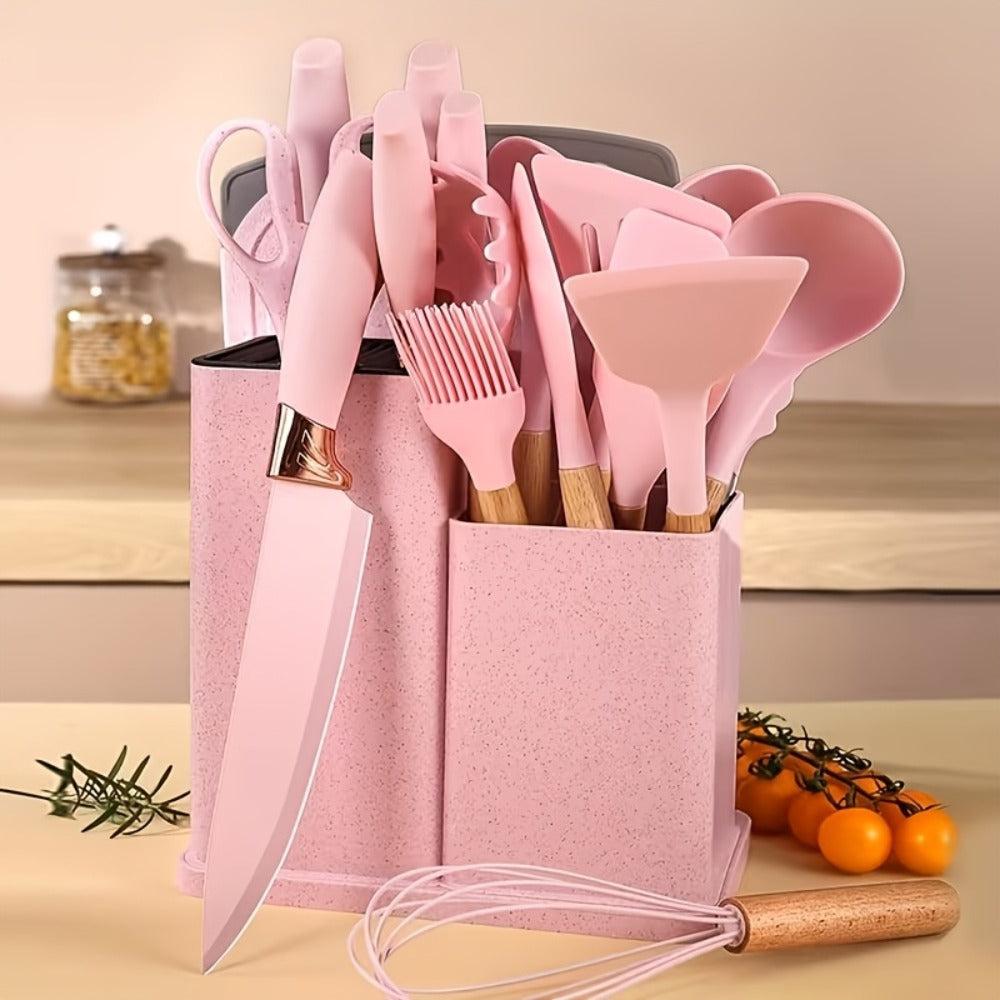 19-Piece Non-Stick Silicone Cookware Set with Bamboo Storage, Knives & Wooden Handle ¨C Pots, Pans & Utensils for Induction & Oven