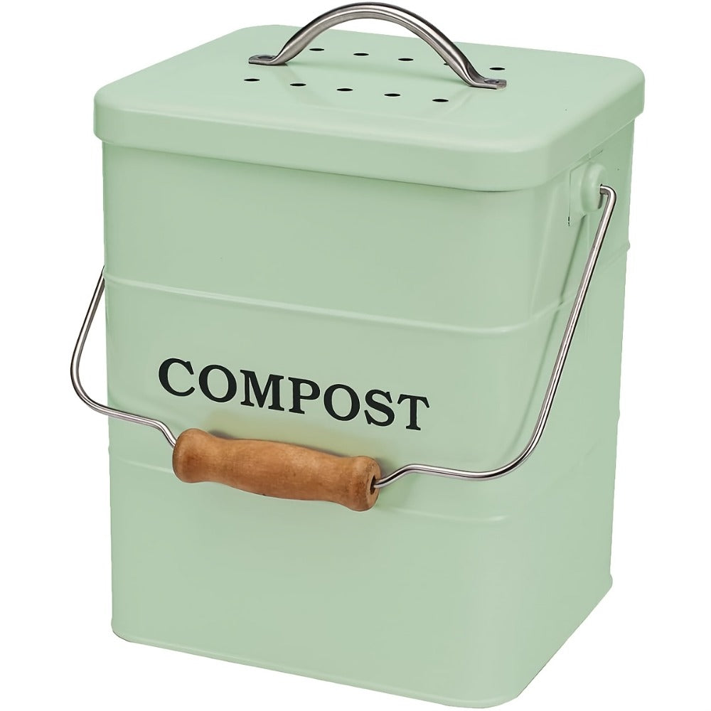 Kitchen Compost Bin 1 Gallon with Charcoal Filter & Wooden Handle, Odor-Free Indoor Countertop Food Waste Bin, Metal Compost Bucket for Home Kitchen, Available in Black, White, Gray, Green