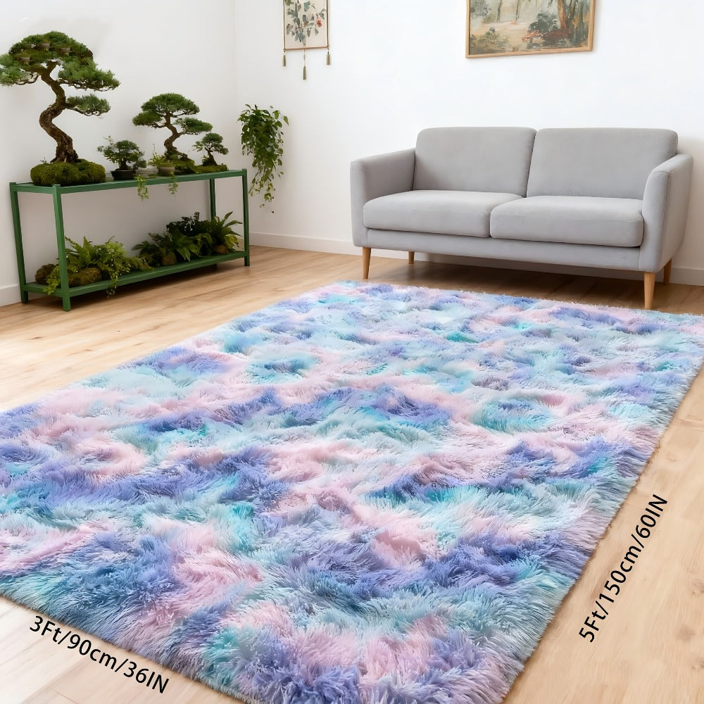 Tie Dye Rainbow Purple Shag Area Rug Non-Slip Machine Washable Carpet Multiple Sizes Living Room Bedroom