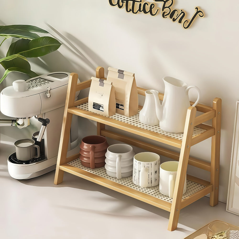Bamboo Countertop Shelf Organizer 2-Tier - Trapezoidal Wooden Storage Rack for Kitchen Office Bedroom and Desk, Space Saving Riser Shelf for Coffee Cups Books Plants and Everyday Items, Available in Medium, Large or 2 Piece Set
