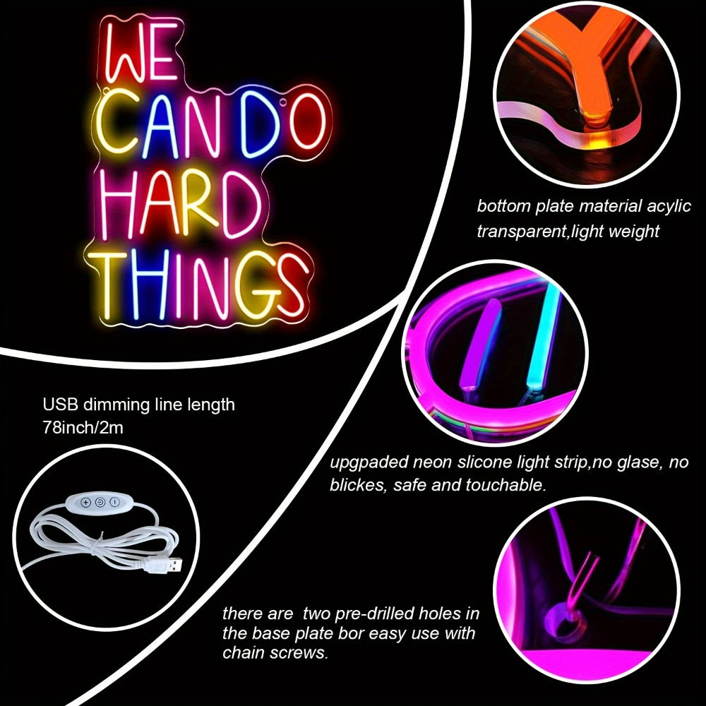 Neon Sign We Can Do Hard Things ¨C Dimmable LED Wall Art, USB Powered, Vibrant Colors, Inspirational Bedroom Decor for Classroom Birthday Party Aesthetic Backdrop, 13.3x10.6 In