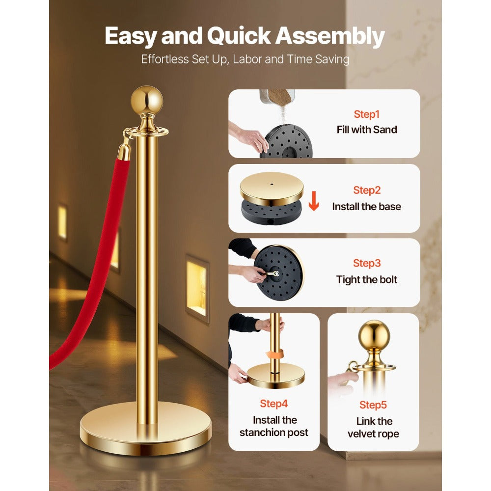 Stanchion Posts with Red Velvet Rope Set - Gold Crowd Control Barrier, 201 Stainless Steel Queue Poles with Sand-Fillable Base & 4-Way Connectors, for Wedding Event Party Museum Hotel, 4/6/8 Pcs