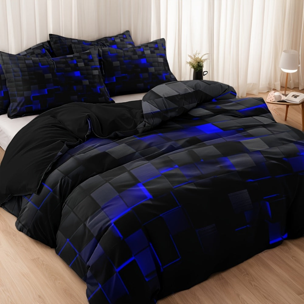 Duvet Cover Set Queen King Twin Full 3D Geometric Cube Print | 3-Piece Polyester Bedding Set | Black Blue Grid Pattern | All-Season Soft Quilt Cover + 2 Pillowcases | Machine Washable