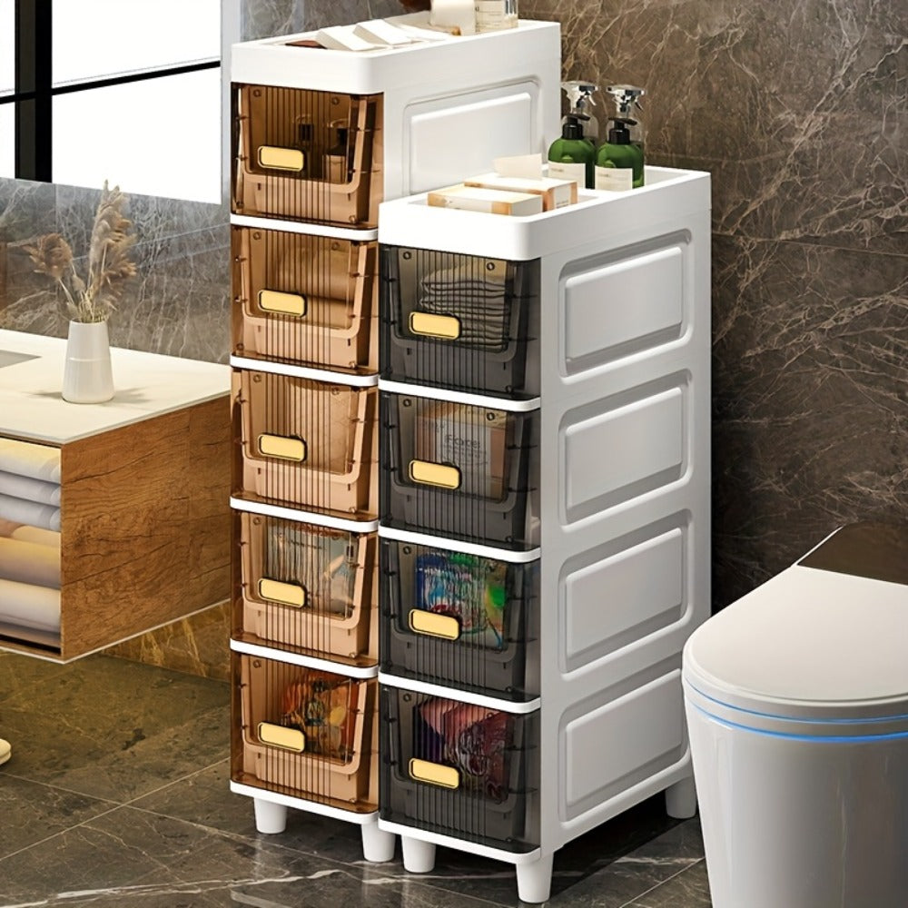 Slim Storage Cabinet with Drawers & Wheels - Waterproof PP Bathroom Kitchen Organizer, 3-5 Layer Tower Unit for Small Spaces