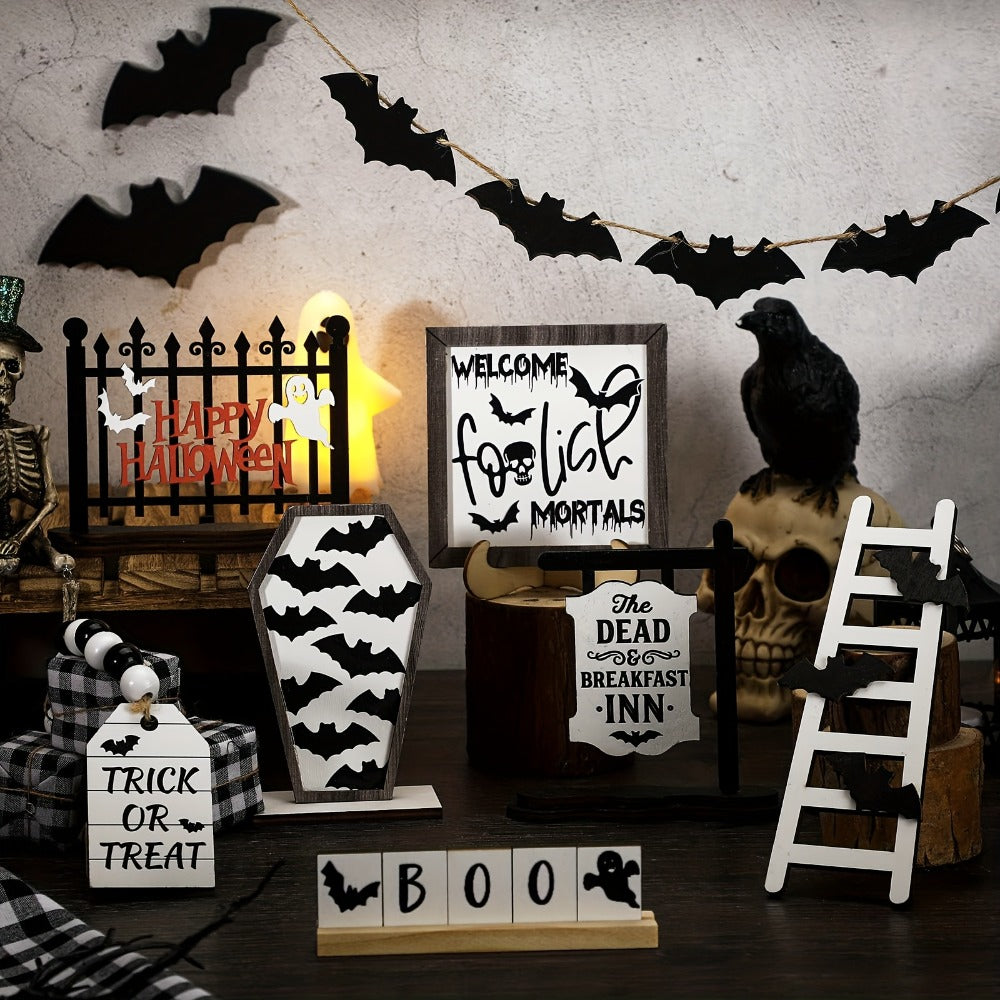 Halloween Tiered Tray Decor Set 14pcs - Bat Wooden Signs Farmhouse Black White Rustic Table Decorations for Kitchen Home Party Supplies