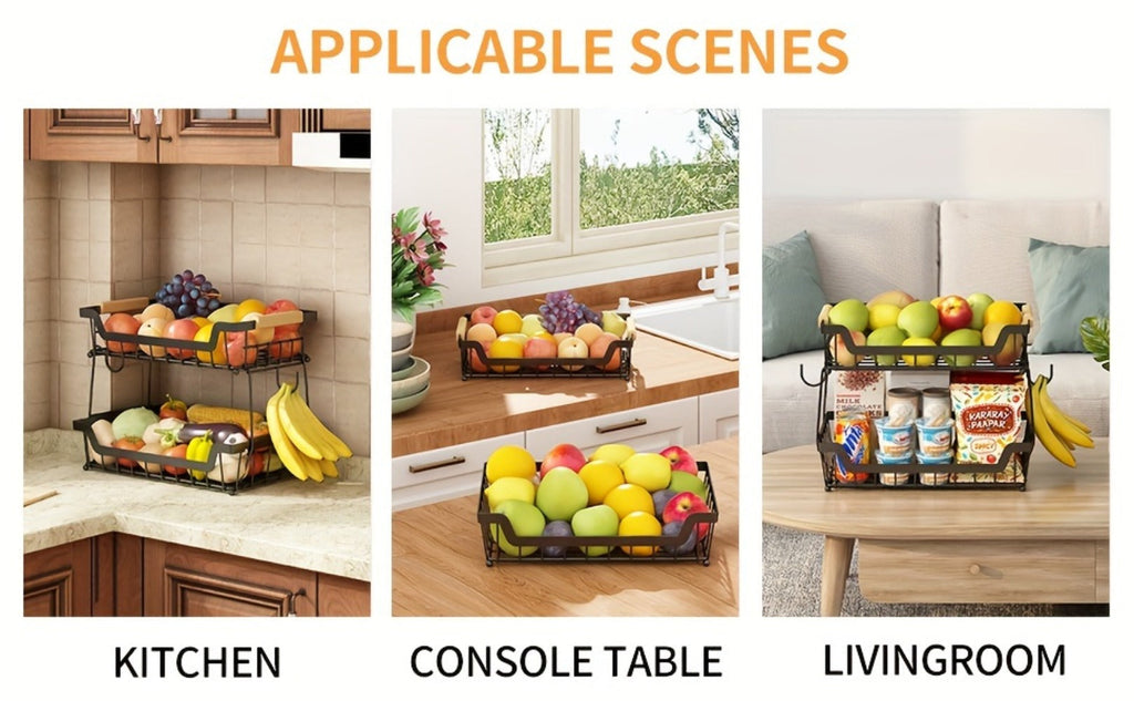Fruit Basket with Banana Hanger, 2-3 Tier Metal Countertop Organizer with Wooden Handle ¡ª Detachable Kitchen Storage Stand for Fruits, Vegetables & Bread | Large Capacity | Black