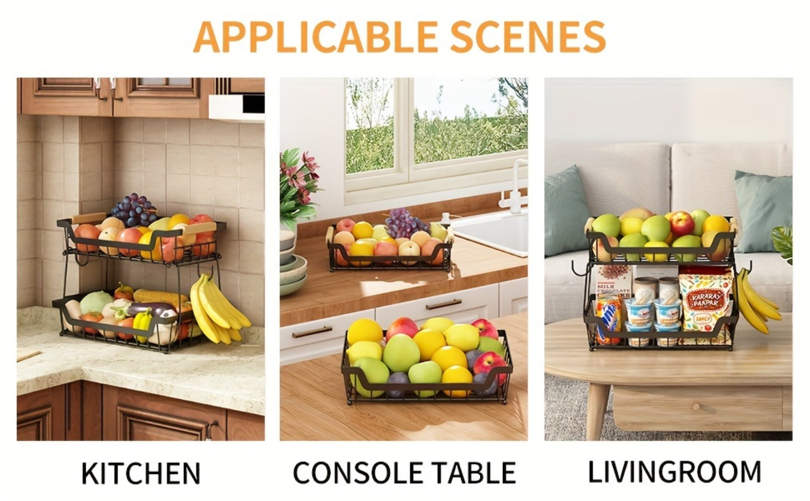 Fruit Basket with Banana Hanger, 2-3 Tier Metal Countertop Organizer with Wooden Handle ¡ª Detachable Kitchen Storage Stand for Fruits, Vegetables & Bread | Large Capacity | Black