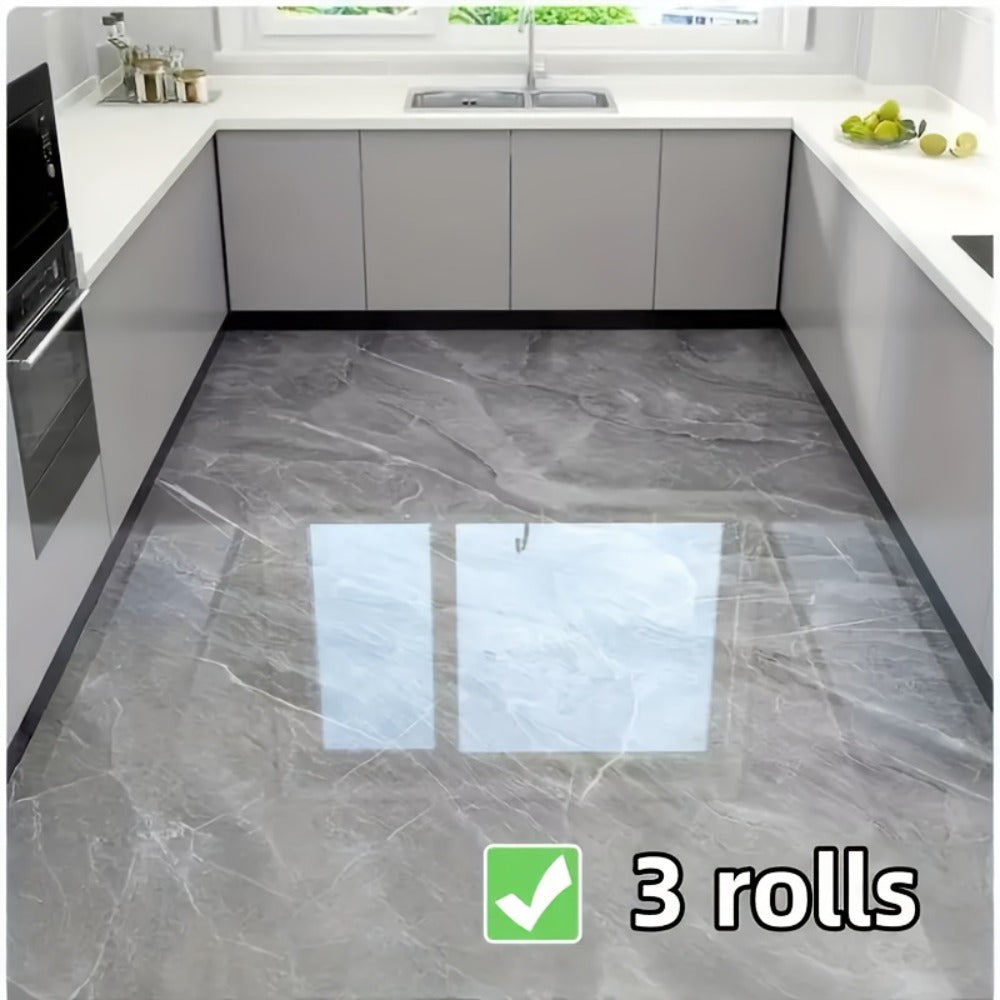 Self-Adhesive Marble Vinyl Floor Wallpaper 3 Rolls 23.62x197.75in - Waterproof Oil-Proof Anti-Slip Wear-Resistant Peel and Stick Floor Tiles for Kitchen Bathroom Living Room Home Renovation Straight Edge
