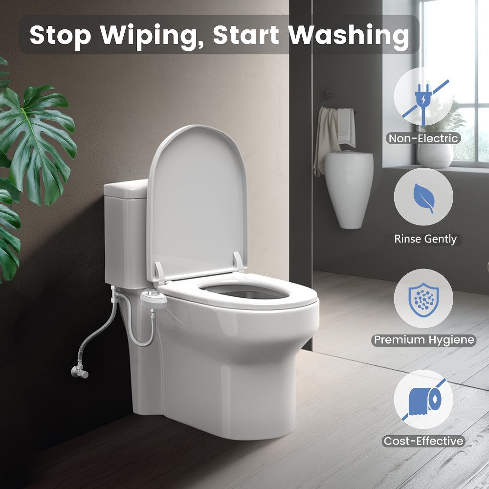 Ultra-Slim Non-Electric Bidet Attachment for Toilet, Self-Cleaning Dual Retractable Nozzles, Adjustable Water Pressure, Fresh Water Sprayer, US Standard, Easy Install
