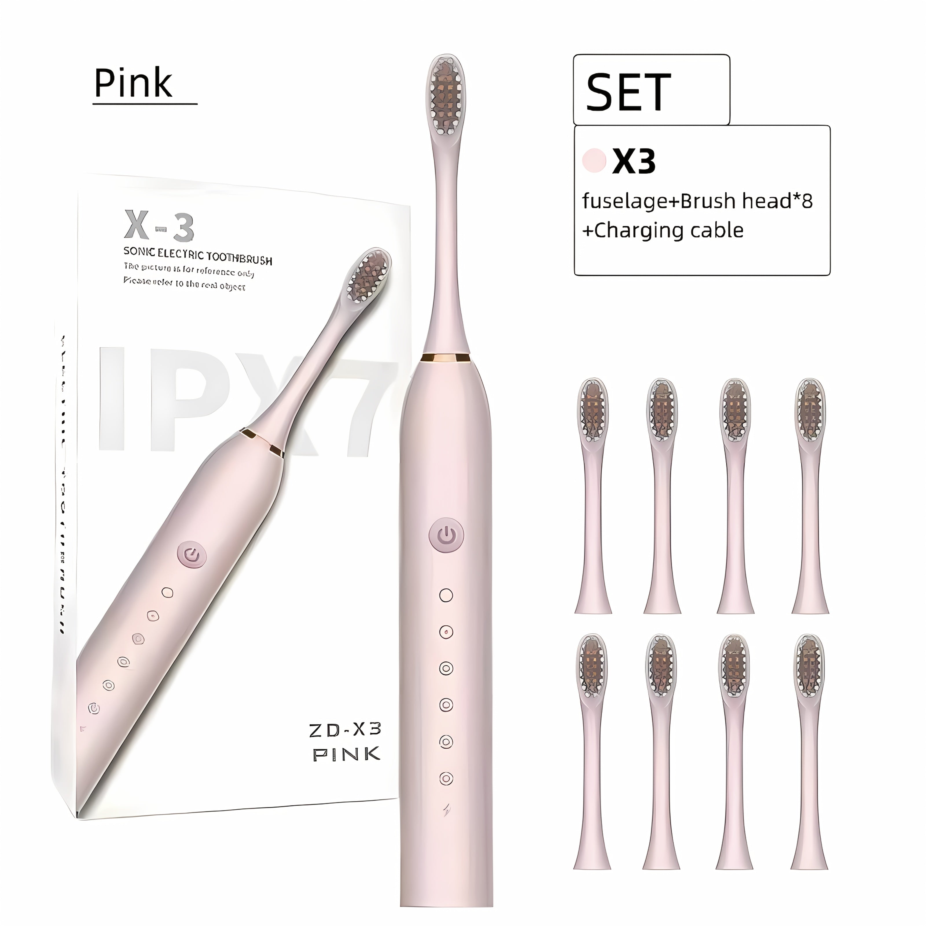 Rechargeable Electric Toothbrush 6 Cleaning Modes with 8 Brush Heads - USB Charge, Soft Bristles, Portable for Travel & Home Use, Oral Care Toothbrush for Men & Women - Black / White / Pink