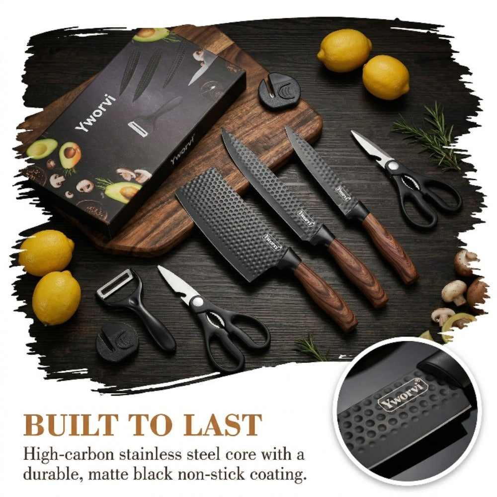 Chef Knife Set 7 Piece High Carbon Stainless Steel Ultra Sharp ¨C Anti-Stick Ergonomic PP Handle, Includes Slicing Knife, Scraper, Scissors & Whetstone, Gift Box for Home, Family & Travel